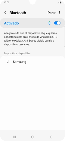 Pulsa el dispositivo Bluetooth deseado y sigue las indicaciones de la pantalla para vincular el dispositivo al teléfono. Pulsa el dispositivo Bluetooth deseado y sigue las indicaciones de la pantalla para vincular el dispositivo al teléfono.