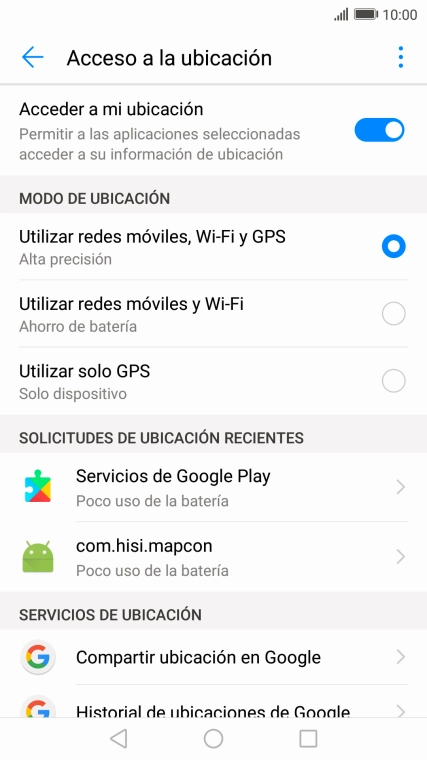 Si seleccionas Utilizar redes móviles, Wi-Fi y GPS, el teléfono podrá encontrar tu posición exacta con ayuda de los satélites GPS, la red móvil y una red wifi cercana. El GPS por satélite requiere vista libre al cielo. Si seleccionas Utilizar redes móviles, Wi-Fi y GPS, el teléfono podrá encontrar tu posición exacta con ayuda de los satélites GPS, la red móvil y una red wifi cercana. El GPS por satélite requiere vista libre al cielo.