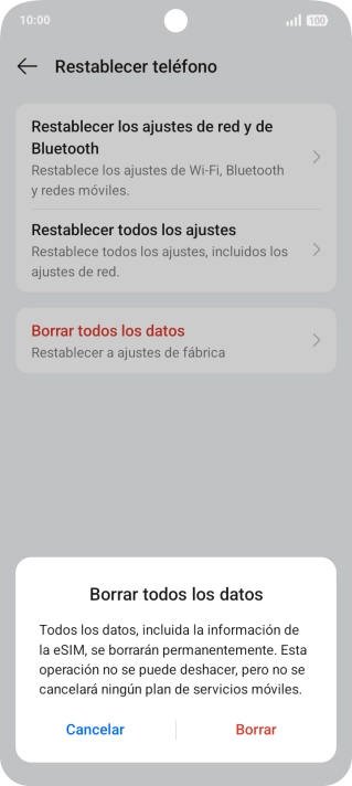 Pulsa Borrar. Espera unos instantes mientras el teléfono restablece la configuración predeterminada. Sigue las indicaciones de la pantalla para configurar el teléfono y dejarlo listo para su uso.