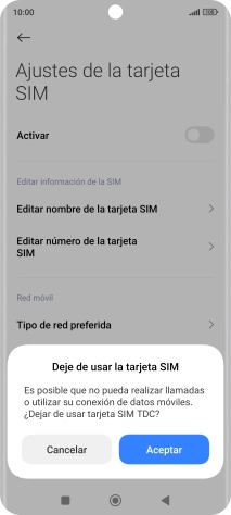 Si desactivas el uso de la línea móvil (SIM), debes pulsar Aceptar. Si desactivas el uso de la línea móvil (SIM), debes pulsar Aceptar.