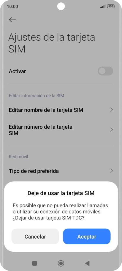 Si desactivas el uso de la línea móvil (SIM), debes pulsar Aceptar. Si desactivas el uso de la línea móvil (SIM), debes pulsar Aceptar.