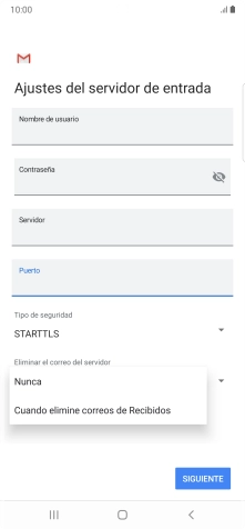 Pulsa Nunca para conservar los correos electrónicos en el servidor cuando los borras del teléfono. Pulsa Nunca para conservar los correos electrónicos en el servidor cuando los borras del teléfono.
