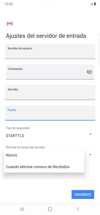 Pulsa Nunca para conservar los correos electrónicos en el servidor cuando los borras del teléfono. Pulsa Nunca para conservar los correos electrónicos en el servidor cuando los borras del teléfono.