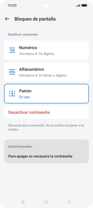 Pulsa Desactivar contraseña. Pulsa Desactivar contraseña.