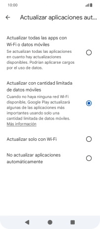 Para activar la actualización automática de apps utilizando la red móvil, pulsa Actualizar todas las apps con Wi-Fi o datos móviles. Para activar la actualización automática de apps utilizando la red móvil, pulsa Actualizar todas las apps con Wi-Fi o datos móviles.