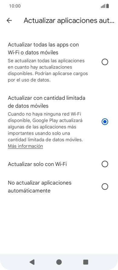 Para activar la actualización automática de apps utilizando la red móvil, pulsa Actualizar todas las apps con Wi-Fi o datos móviles. Para activar la actualización automática de apps utilizando la red móvil, pulsa Actualizar todas las apps con Wi-Fi o datos móviles.