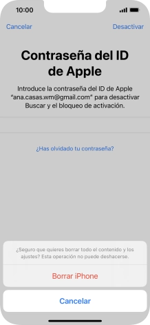 Introduce la contraseña de tu ID de Apple y pulsa Borrar iPhone. Espera unos instantes mientras el teléfono restablece la configuración predeterminada. Sigue las indicaciones de la pantalla para configurar el teléfono y dejarlo listo para su uso. Introduce la contraseña de tu ID de Apple y pulsa Borrar iPhone. Espera unos instantes mientras el teléfono restablece la configuración predeterminada. Sigue las indicaciones de la pantalla para configurar el teléfono y dejarlo listo para su uso.