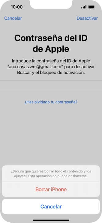Introduce la contraseña de tu ID de Apple y pulsa Borrar iPhone. Espera unos instantes mientras el teléfono restablece la configuración predeterminada. Sigue las indicaciones de la pantalla para configurar el teléfono y dejarlo listo para su uso. Introduce la contraseña de tu ID de Apple y pulsa Borrar iPhone. Espera unos instantes mientras el teléfono restablece la configuración predeterminada. Sigue las indicaciones de la pantalla para configurar el teléfono y dejarlo listo para su uso.