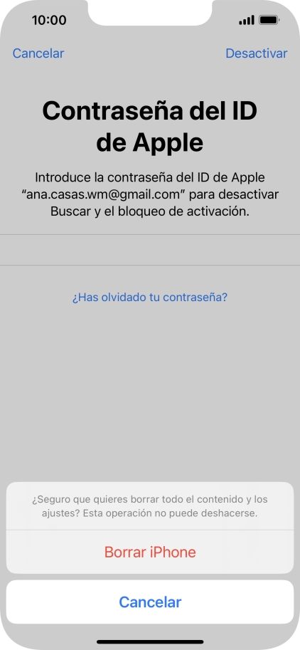 Introduce la contraseña de tu ID de Apple y pulsa Borrar iPhone. Espera unos instantes mientras el teléfono restablece la configuración predeterminada. Sigue las indicaciones de la pantalla para configurar el teléfono y dejarlo listo para su uso. Introduce la contraseña de tu ID de Apple y pulsa Borrar iPhone. Espera unos instantes mientras el teléfono restablece la configuración predeterminada. Sigue las indicaciones de la pantalla para configurar el teléfono y dejarlo listo para su uso.