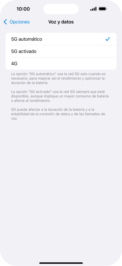 Si deseas activar el cambio automático entre una red 5G y 4G, pulsa 5G automático. Si deseas activar el cambio automático entre una red 5G y 4G, pulsa 5G automático.