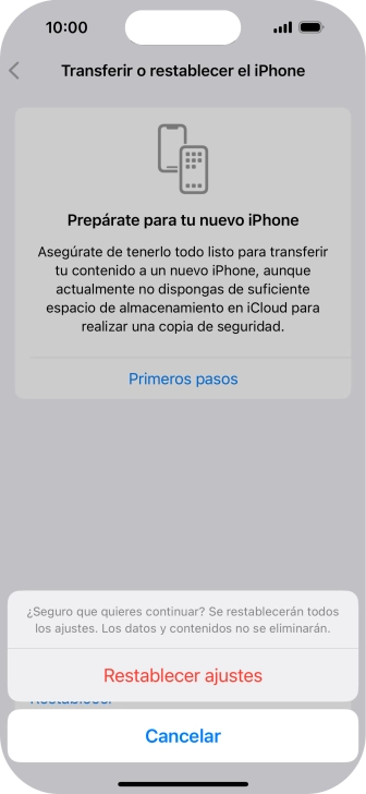 Pulsa Restablecer ajustes. Espera unos instantes mientras el teléfono restablece la configuración predeterminada. Sigue las indicaciones de la pantalla para configurar el teléfono y dejarlo listo para su uso.