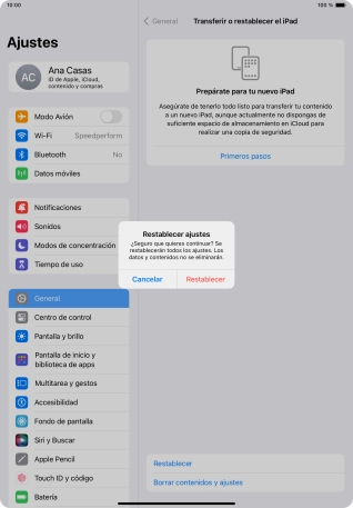 Pulsa Restablecer. Espera unos instantes mientras la tablet restablece la configuración predeterminada. Sigue las indicaciones de la pantalla para configurar la tablet y dejarla lista para su uso. Pulsa Restablecer. Espera unos instantes mientras la tablet restablece la configuración predeterminada. Sigue las indicaciones de la pantalla para configurar la tablet y dejarla lista para su uso.