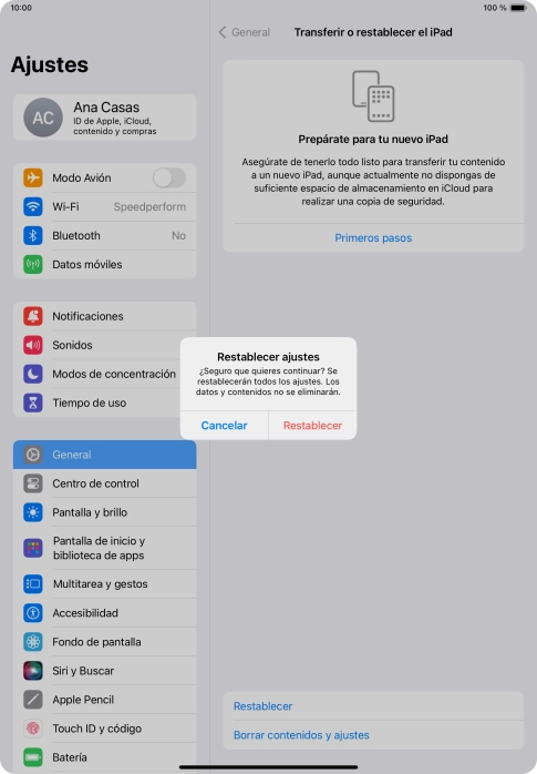 Pulsa Restablecer. Espera unos instantes mientras la tablet restablece la configuración predeterminada. Sigue las indicaciones de la pantalla para configurar la tablet y dejarla lista para su uso. Pulsa Restablecer. Espera unos instantes mientras la tablet restablece la configuración predeterminada. Sigue las indicaciones de la pantalla para configurar la tablet y dejarla lista para su uso.