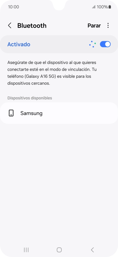 Pulsa el dispositivo Bluetooth deseado y sigue las indicaciones de la pantalla para vincular el dispositivo al teléfono. Pulsa el dispositivo Bluetooth deseado y sigue las indicaciones de la pantalla para vincular el dispositivo al teléfono.