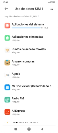 El consumo de datos por cada aplicación aparece bajo el nombre de la aplicación. El consumo de datos por cada aplicación aparece bajo el nombre de la aplicación.