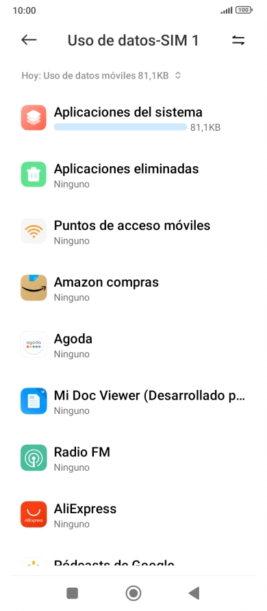 El consumo de datos por cada aplicación aparece bajo el nombre de la aplicación. El consumo de datos por cada aplicación aparece bajo el nombre de la aplicación.