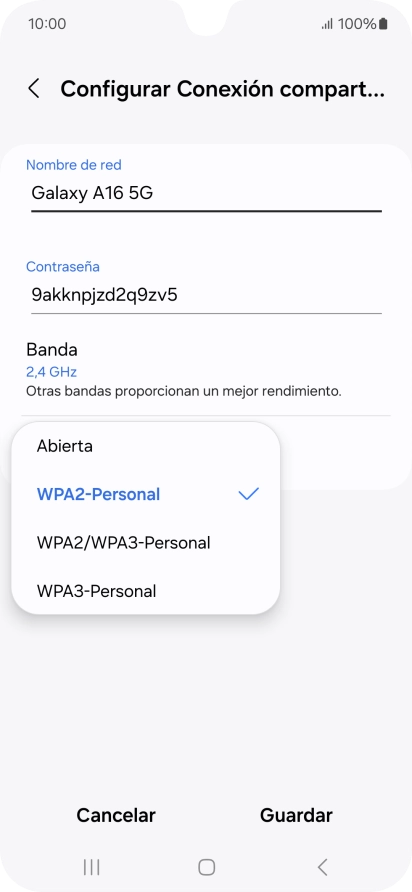 Pulsa WPA3-Personal para proteger la conexión wifi con una contraseña.