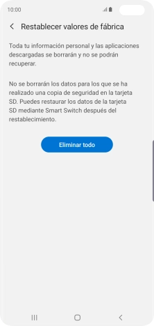 Pulsa Eliminar todo. Espera unos instantes mientras el teléfono restablece la configuración predeterminada. Sigue las indicaciones de la pantalla para configurar el teléfono y dejarlo listo para su uso. Pulsa Eliminar todo. Espera unos instantes mientras el teléfono restablece la configuración predeterminada. Sigue las indicaciones de la pantalla para configurar el teléfono y dejarlo listo para su uso.