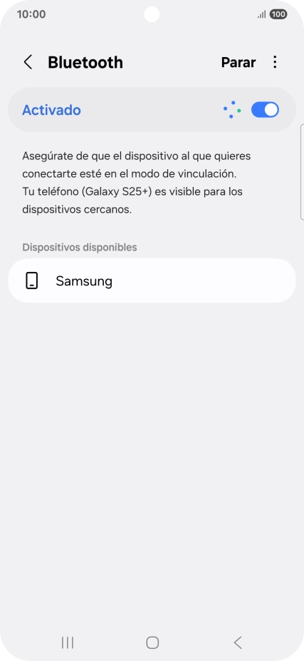 Pulsa el dispositivo Bluetooth deseado y sigue las indicaciones de la pantalla para vincular el dispositivo al teléfono. Pulsa el dispositivo Bluetooth deseado y sigue las indicaciones de la pantalla para vincular el dispositivo al teléfono.