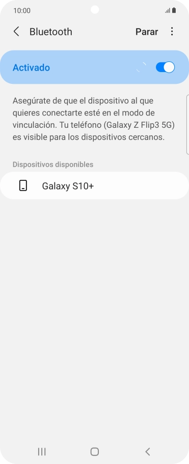 Pulsa el dispositivo Bluetooth deseado y sigue las indicaciones de la pantalla para vincular el dispositivo al teléfono. Pulsa el dispositivo Bluetooth deseado y sigue las indicaciones de la pantalla para vincular el dispositivo al teléfono.