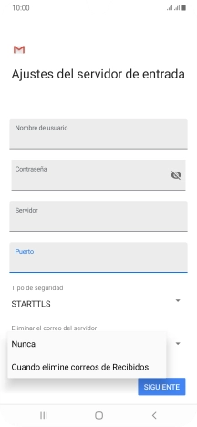 Pulsa Nunca para conservar los correos electrónicos en el servidor cuando los borras del teléfono. Pulsa Nunca para conservar los correos electrónicos en el servidor cuando los borras del teléfono.