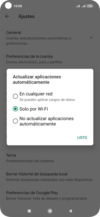 Para activar la actualización automática de apps utilizando la red móvil, pulsa En cualquier red. Para activar la actualización automática de apps utilizando la red móvil, pulsa En cualquier red.