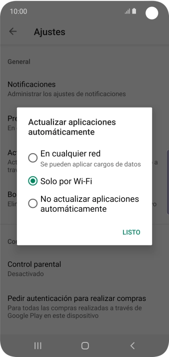 Para activar la actualización automática de apps utilizando la red móvil, pulsa En cualquier red. Se pueden aplicar cargos de datos. Para activar la actualización automática de apps utilizando la red móvil, pulsa En cualquier red. Se pueden aplicar cargos de datos.