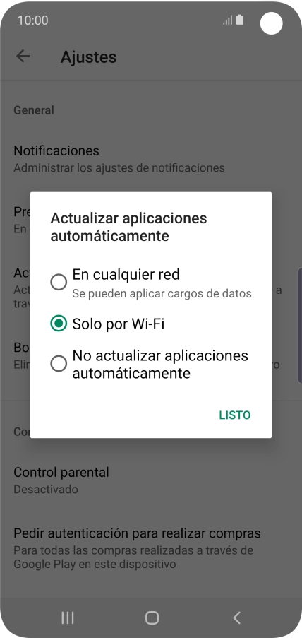 Para activar la actualización automática de apps utilizando la red móvil, pulsa En cualquier red. Se pueden aplicar cargos de datos. Para activar la actualización automática de apps utilizando la red móvil, pulsa En cualquier red. Se pueden aplicar cargos de datos.