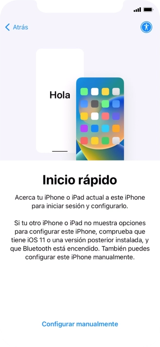 Sigue las indicaciones de la pantalla para transferir contenido de otro dispositivo iOS11 o con una versión más reciente o pulsa Configurar manualmente. Sigue las indicaciones de la pantalla para transferir contenido de otro dispositivo iOS11 o con una versión más reciente o pulsa Configurar manualmente.