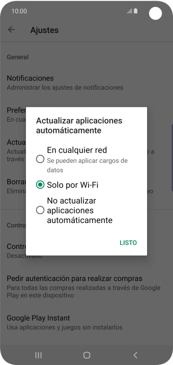 Para activar la actualización automática de apps utilizando la red móvil, pulsa En cualquier red. Se pueden aplicar cargos de datos. Para activar la actualización automática de apps utilizando la red móvil, pulsa En cualquier red. Se pueden aplicar cargos de datos.