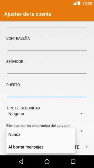Pulsa Nunca para conservar los correos electrónicos en el servidor cuando los borras del teléfono. Pulsa Nunca para conservar los correos electrónicos en el servidor cuando los borras del teléfono.