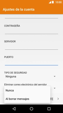Pulsa Nunca para conservar los correos electrónicos en el servidor cuando los borras del teléfono. Pulsa Nunca para conservar los correos electrónicos en el servidor cuando los borras del teléfono.
