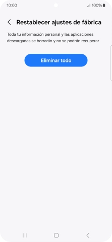 Pulsa Eliminar todo. Espera unos instantes mientras el teléfono restablece la configuración predeterminada. Sigue las indicaciones de la pantalla para configurar el teléfono y dejarlo listo para su uso. Pulsa Eliminar todo. Espera unos instantes mientras el teléfono restablece la configuración predeterminada. Sigue las indicaciones de la pantalla para configurar el teléfono y dejarlo listo para su uso.