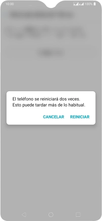 Pulsa REINICIAR. Espera unos instantes mientras el teléfono restablece la configuración predeterminada. Sigue las indicaciones de la pantalla para configurar el teléfono y dejarlo listo para su uso. Pulsa REINICIAR. Espera unos instantes mientras el teléfono restablece la configuración predeterminada. Sigue las indicaciones de la pantalla para configurar el teléfono y dejarlo listo para su uso.