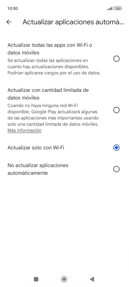 Para activar la actualización automática de apps a través de la red móvil, pulsa el campo junto a Para activar la actualización automática de apps a través de la red móvil, pulsa el campo junto a