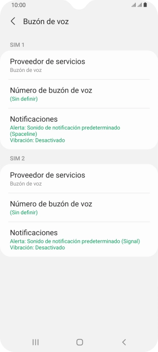 Pulsa Número de buzón de voz bajo la tarjeta SIM deseada. Pulsa Número de buzón de voz bajo la tarjeta SIM deseada.