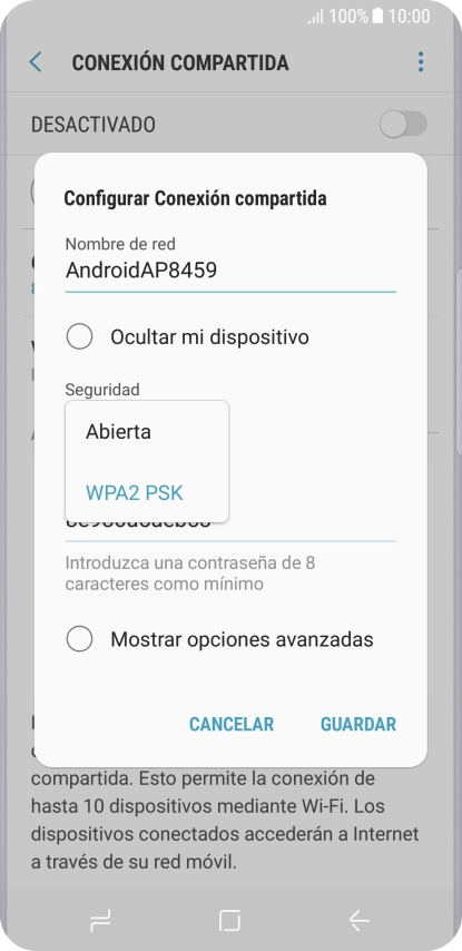 Pulsa WPA2 PSK para proteger la conexión wifi con una contraseña. Pulsa WPA2 PSK para proteger la conexión wifi con una contraseña.
