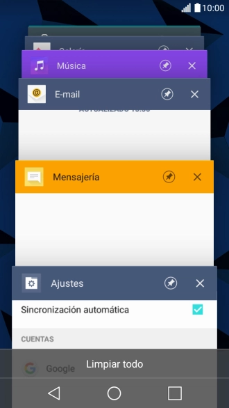 Para cerrar una sola aplicación en ejecución, desliza el dedo hacia la derecha sobre la aplicación deseada. Para cerrar una sola aplicación en ejecución, desliza el dedo hacia la derecha sobre la aplicación deseada.