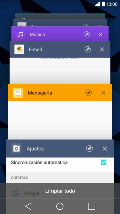 Para cerrar una sola aplicación en ejecución, desliza el dedo hacia la derecha sobre la aplicación deseada. Para cerrar una sola aplicación en ejecución, desliza el dedo hacia la derecha sobre la aplicación deseada.