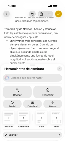 Pulsa Describe qué quieres hacer y escribe con tus propias palabras cómo quieres que se reescriba el texto. Sigue las indicaciones de la pantalla para utilizar la función. Pulsa Describe qué quieres hacer y escribe con tus propias palabras cómo quieres que se reescriba el texto. Sigue las indicaciones de la pantalla para utilizar la función.
