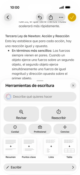 Pulsa Describe qué quieres hacer y escribe con tus propias palabras cómo quieres que se reescriba el texto. Sigue las indicaciones de la pantalla para utilizar la función. Pulsa Describe qué quieres hacer y escribe con tus propias palabras cómo quieres que se reescriba el texto. Sigue las indicaciones de la pantalla para utilizar la función.