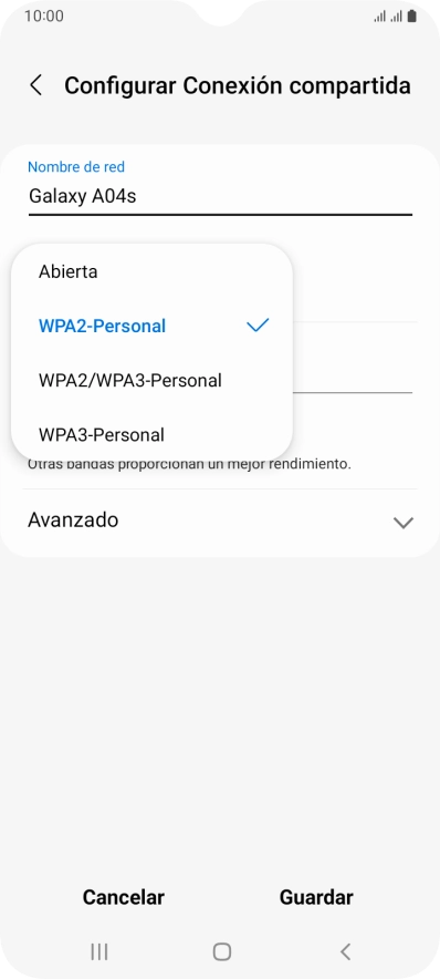 Pulsa WPA3-Personal para proteger la conexión wifi con una contraseña.