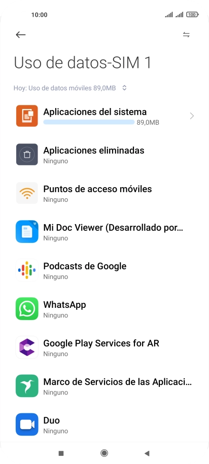 El consumo de datos por cada aplicación aparece bajo el nombre de la aplicación. El consumo de datos por cada aplicación aparece bajo el nombre de la aplicación.