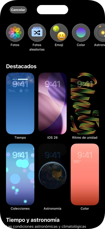 Pulsa una categoría y sigue las indicaciones de la pantalla para seleccionar la imagen de fondo deseada. Pulsa una categoría y sigue las indicaciones de la pantalla para seleccionar la imagen de fondo deseada.