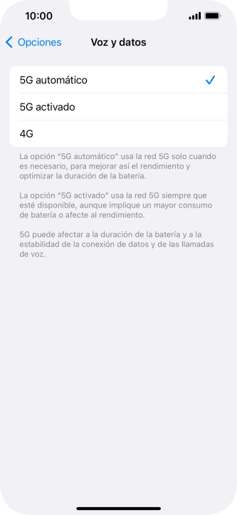 Si deseas activar el cambio automático entre una red 5G y 4G, pulsa 5G automático. Si deseas activar el cambio automático entre una red 5G y 4G, pulsa 5G automático.