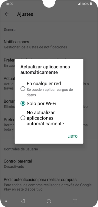 Para activar la actualización automática de apps utilizando la red móvil, pulsa En cualquier red. Para activar la actualización automática de apps utilizando la red móvil, pulsa En cualquier red.