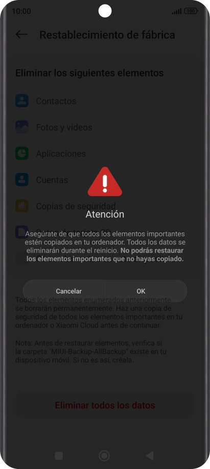 Pulsa OK. Espera unos instantes mientras el teléfono restablece la configuración predeterminada. Sigue las indicaciones de la pantalla para configurar el teléfono y dejarlo listo para su uso. Pulsa OK. Espera unos instantes mientras el teléfono restablece la configuración predeterminada. Sigue las indicaciones de la pantalla para configurar el teléfono y dejarlo listo para su uso.