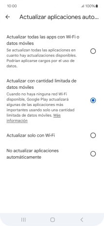 Para activar la actualización automática de apps utilizando la red móvil, pulsa Actualizar todas las apps con Wi-Fi o datos móviles. Para activar la actualización automática de apps utilizando la red móvil, pulsa Actualizar todas las apps con Wi-Fi o datos móviles.