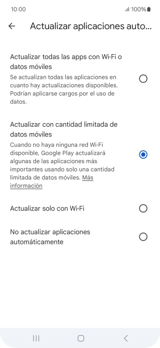 Para activar la actualización automática de apps utilizando la red móvil, pulsa Actualizar todas las apps con Wi-Fi o datos móviles. Para activar la actualización automática de apps utilizando la red móvil, pulsa Actualizar todas las apps con Wi-Fi o datos móviles.