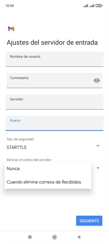 Pulsa Nunca para conservar los correos electrónicos en el servidor cuando los borras del teléfono.
